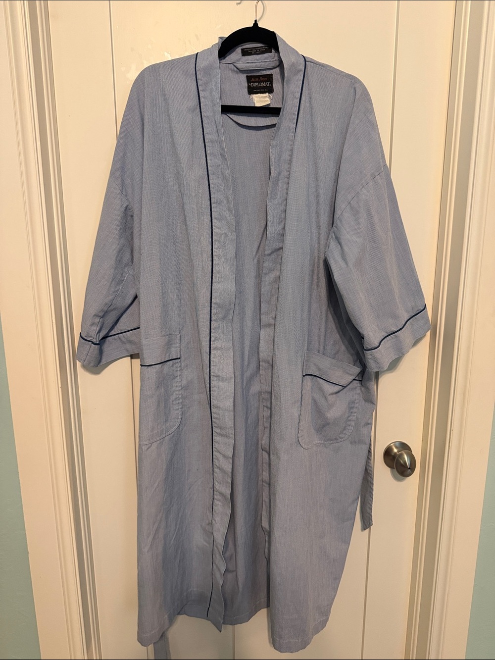 Vintage After Hours by Diplomat Pin Striped Cotton Blend Robe in Blue and White